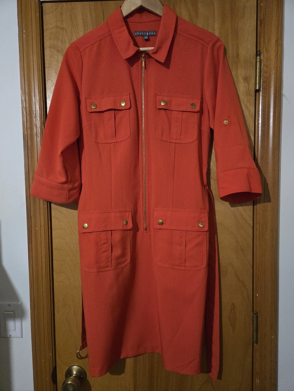 Sharagano Coral-Red Safari Style Zip Front Dress Size 10